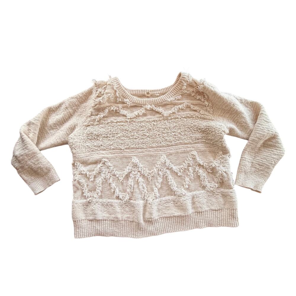 Anthropologie Moth Fringe Cropped Boho Sweater Ivory Crewneck Medium